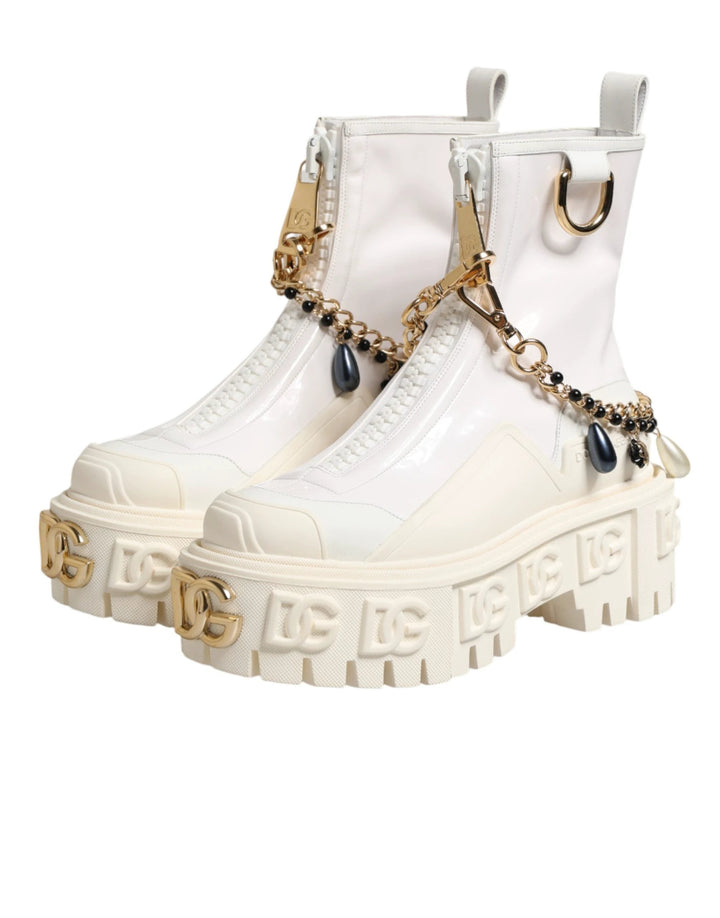 Dolce &amp; Gabbana White Leather Rubber Logo Ankle Boots Shoes by Dolce &amp; Gabbana outlet now on sale