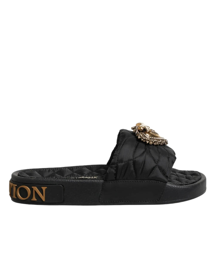 Dolce &amp; Gabbana Sample Sale | Dolce &amp; Gabbana Black Devotion Matelassé Leather Slides Shoes - | Designer outlet