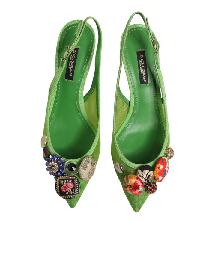 Dolce & Gabbana Green Embellished Heels Slingbacks Shoes