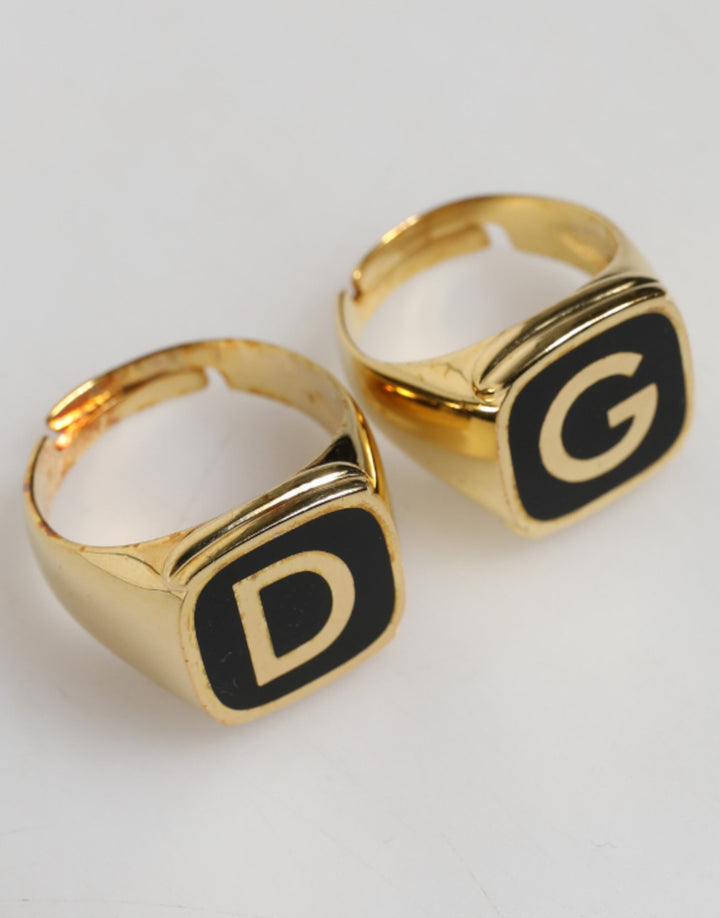 Dolce &amp; Gabbana Sample Sale Dolce &amp; Gabbana Gold-Tone Real Brass Black Enamel "DG" Adjustable Rings - | Designer outlet