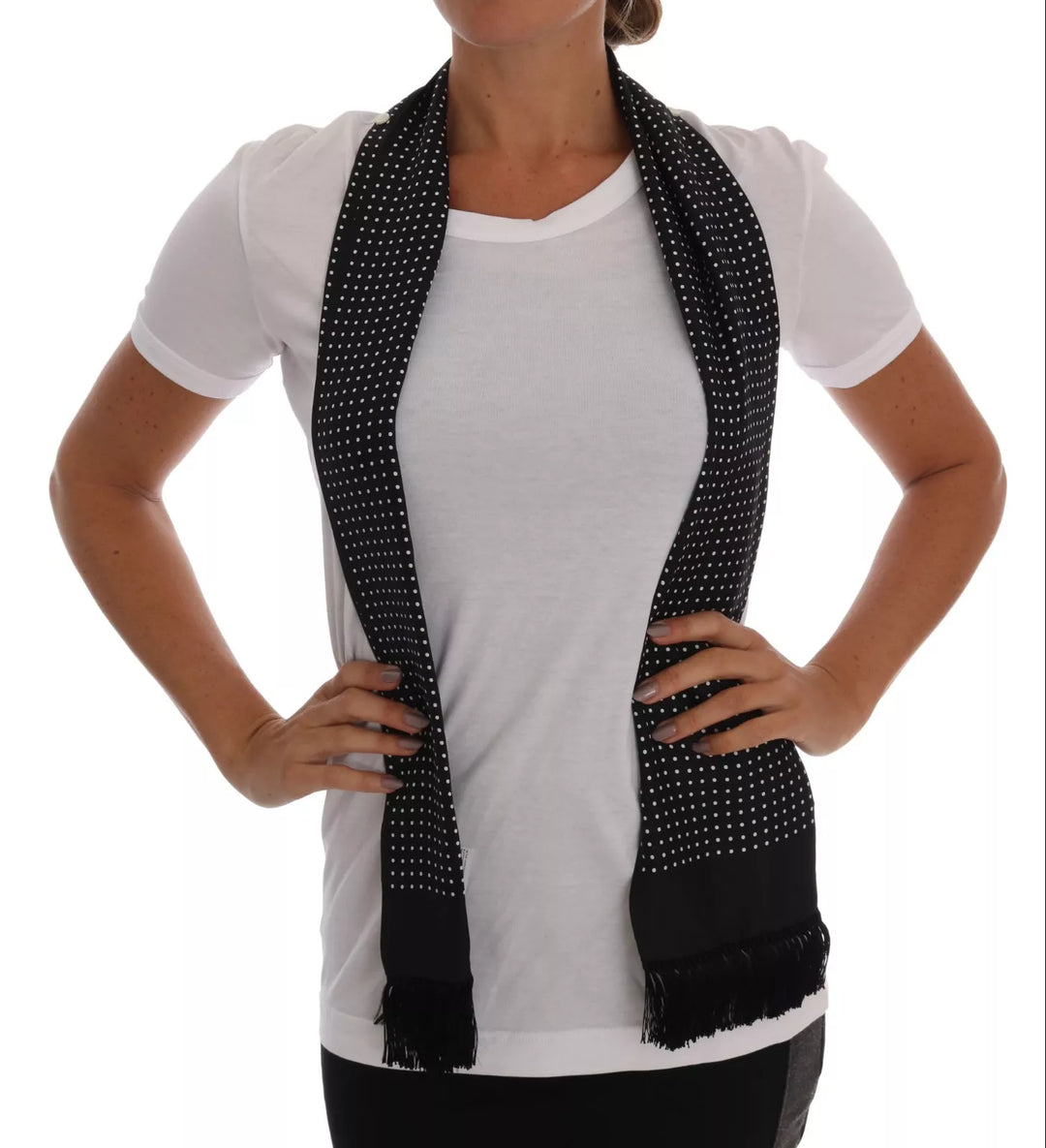 Dolce &amp; Gabbana Sample Sale Dolce &amp; Gabbana White Cotton Black Silk Scarf Top T-shirt - | Designer outlet
