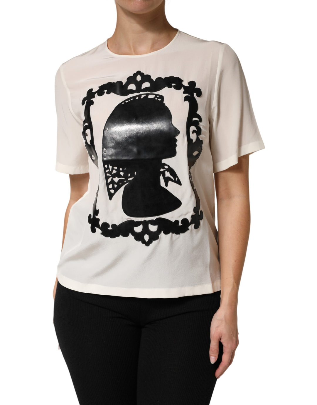 Dolce &amp; Gabbana Sample Sale Dolce &amp; Gabbana Cream Silk Silhouette Detail Short Sleeve Top - | Designer outlet