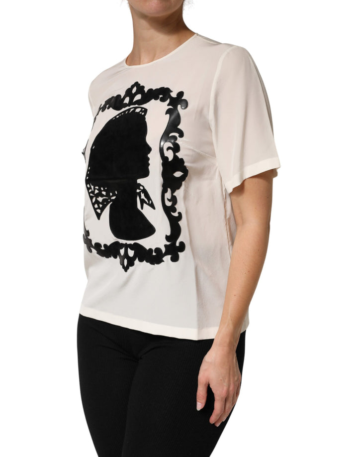 Dolce &amp; Gabbana Sample Sale Dolce &amp; Gabbana Cream Silk Silhouette Detail Short Sleeve Top - | Designer outlet
