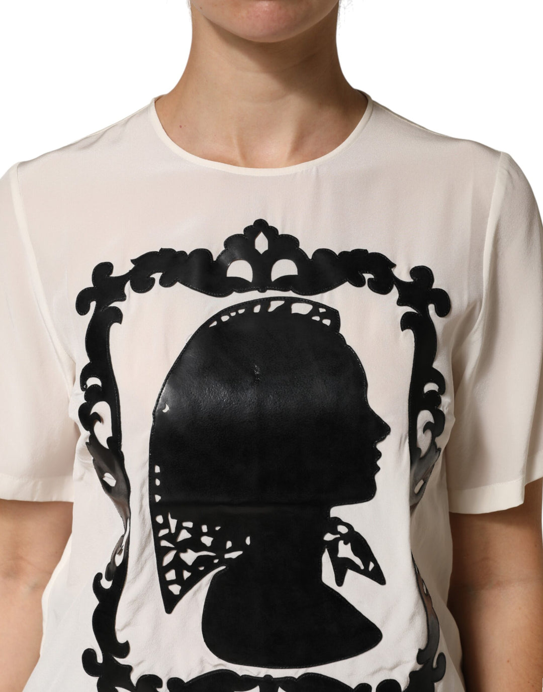 Dolce &amp; Gabbana Sample Sale Dolce &amp; Gabbana Cream Silk Silhouette Detail Short Sleeve Top - | Designer outlet