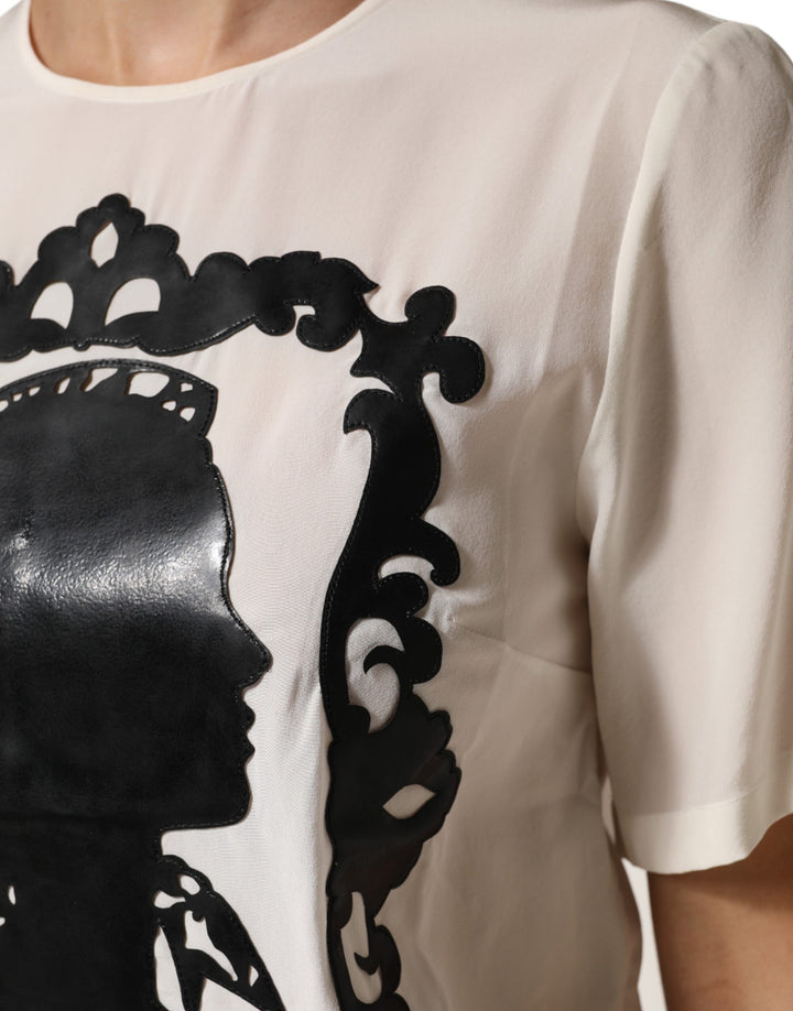 Dolce &amp; Gabbana Sample Sale Dolce &amp; Gabbana Cream Silk Silhouette Detail Short Sleeve Top - | Designer outlet