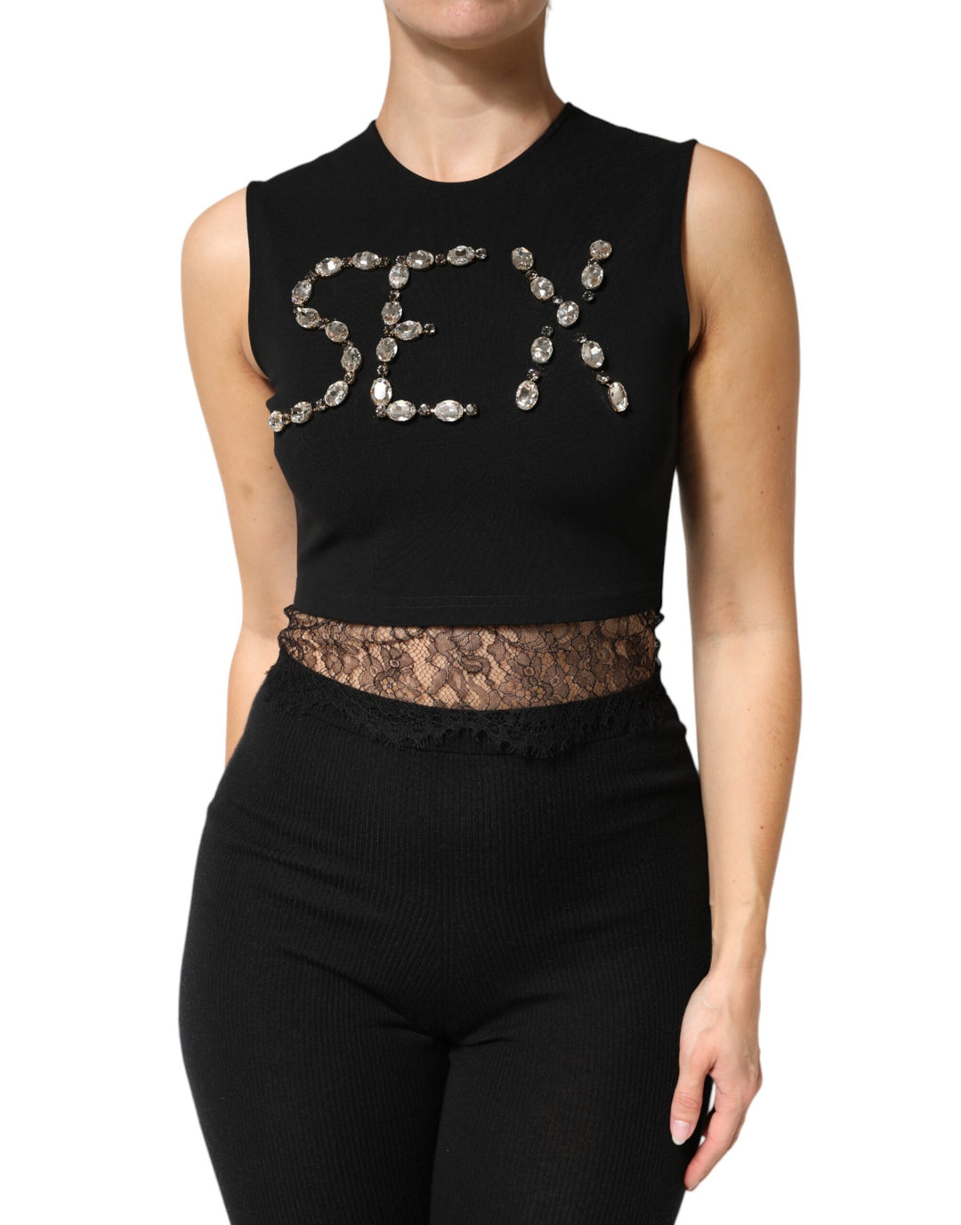 Dolce &amp; Gabbana Black Jersey Lace Ruching Rhinestone Tank Top by Dolce &amp; Gabbana outlet now on sale
