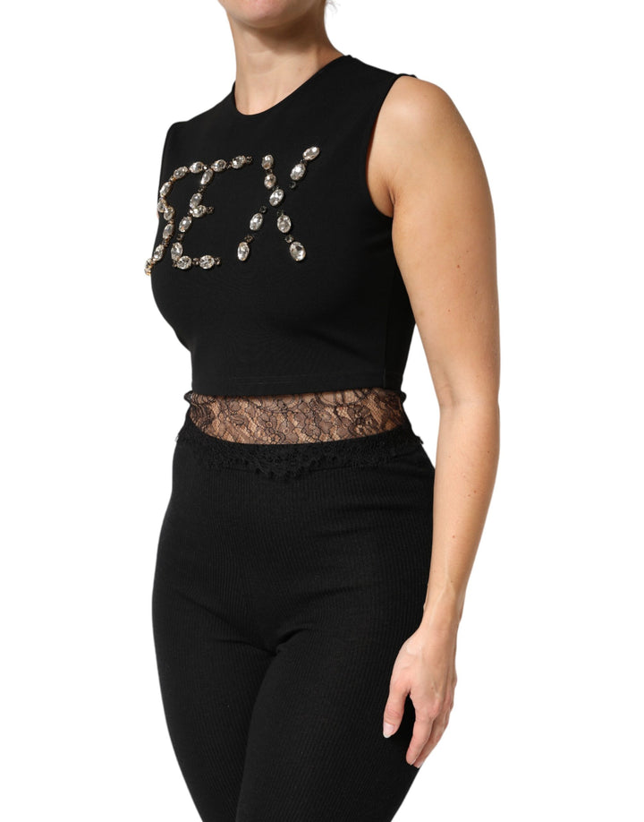 Dolce &amp; Gabbana Black Jersey Lace Ruching Rhinestone Tank Top by Dolce &amp; Gabbana outlet now on sale