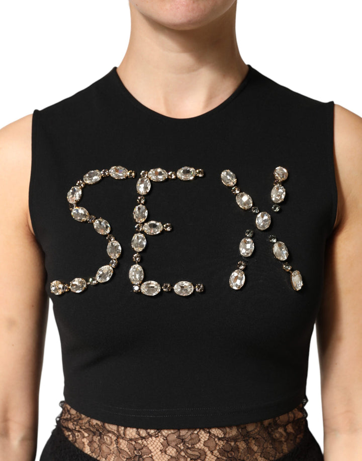 Dolce &amp; Gabbana Black Jersey Lace Ruching Rhinestone Tank Top by Dolce &amp; Gabbana outlet now on sale
