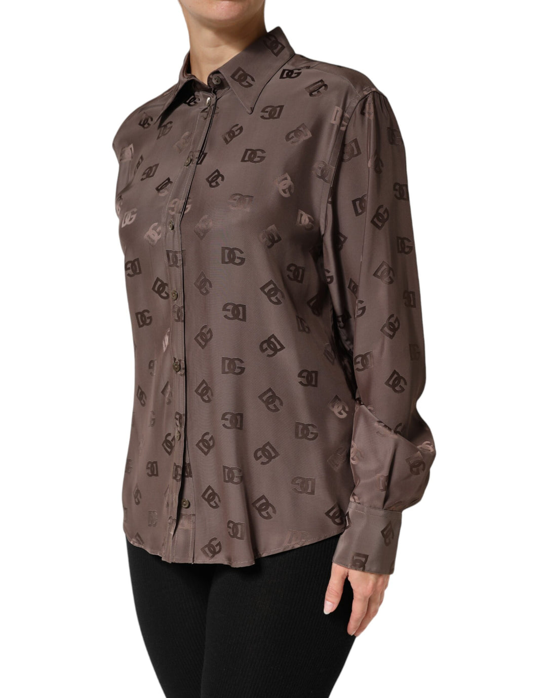Dolce &amp; Gabbana Sample Sale Dolce &amp; Gabbana Brown Collared Long Sleeves Logo Shirt Top - | Designer outlet