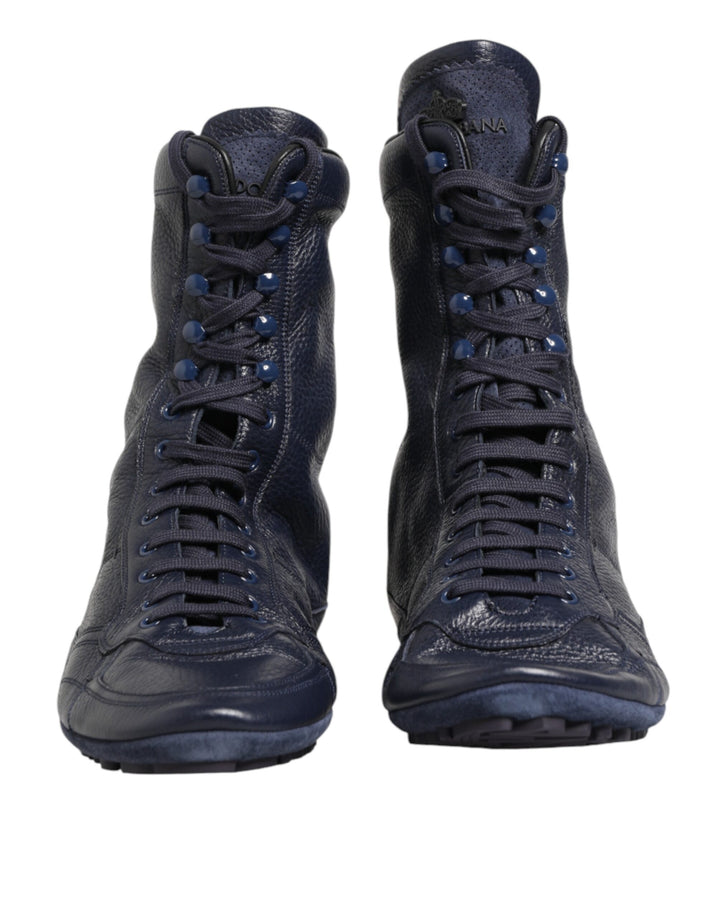 Dolce & Gabbana Dark Blue Deer Leather Mid Calf Boots Shoes