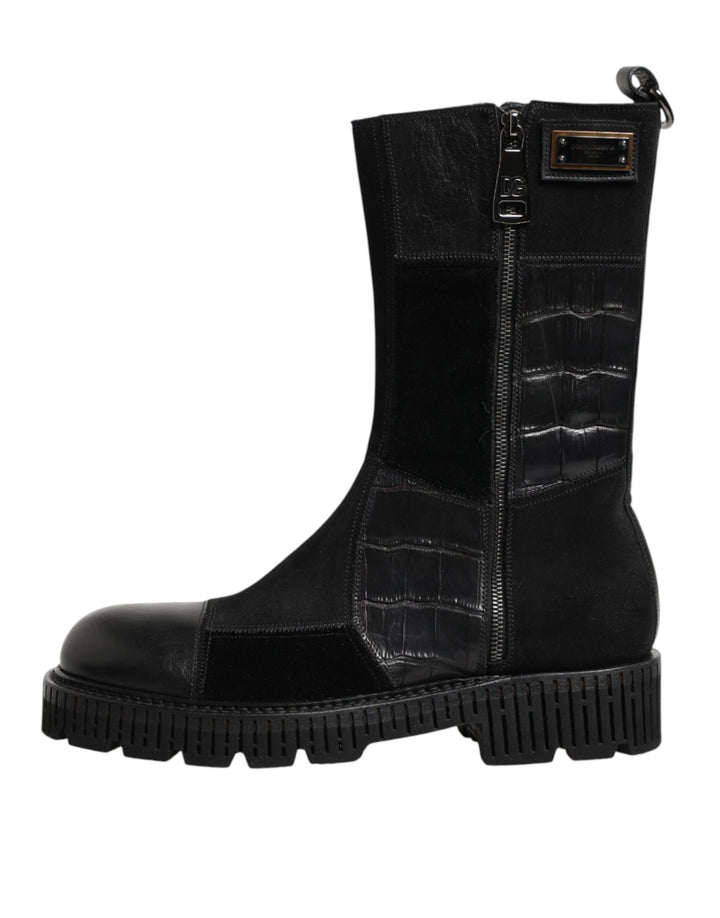 Dolce & Gabbana Black Patchwork Leather Mid Calf Boot  Shoes