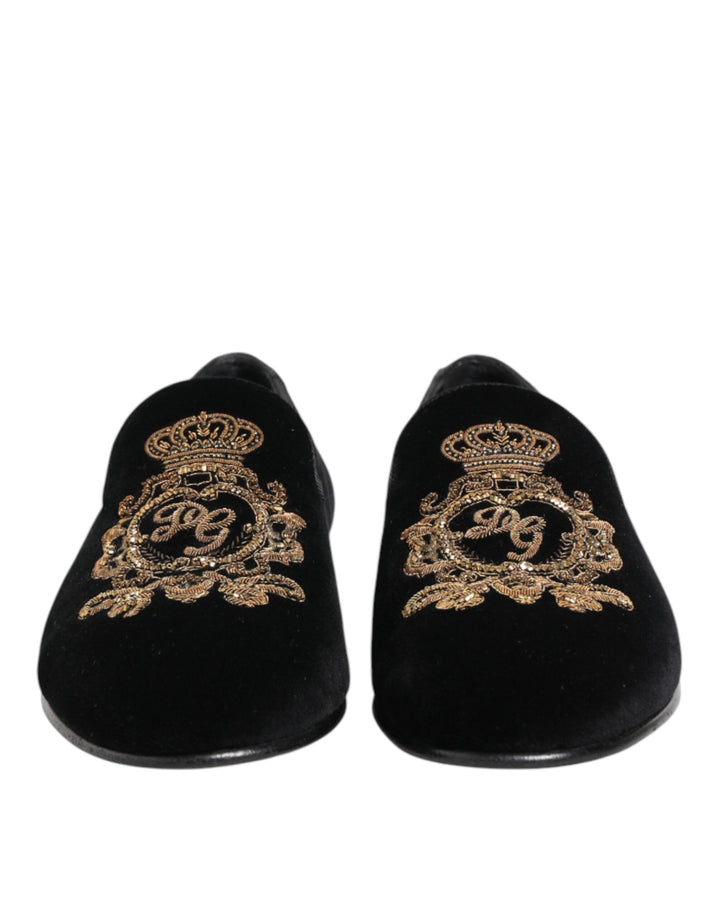 Dolce & Gabbana Black Velvet Gold Crown Mens Loafers Shoes by Dolce & Gabbana outlet now on sale