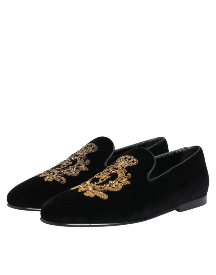 Dolce & Gabbana Black Velvet Gold Crown Mens Loafers Shoes by Dolce & Gabbana outlet now on sale