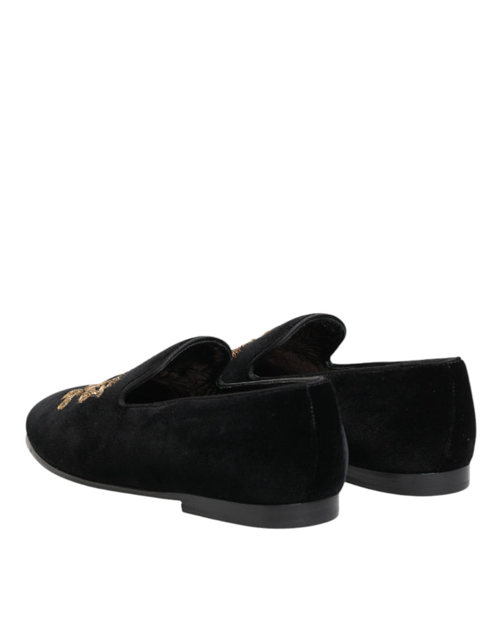 Dolce & Gabbana Black Velvet Gold Crown Mens Loafers Shoes by Dolce & Gabbana outlet now on sale