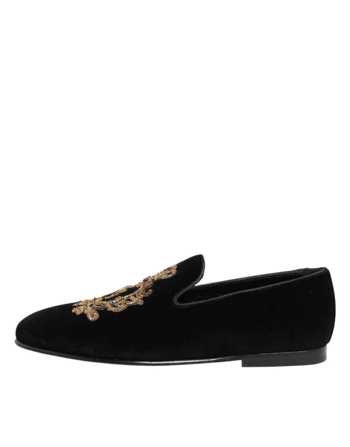 Dolce & Gabbana Black Velvet Gold Crown Mens Loafers Shoes by Dolce & Gabbana outlet now on sale