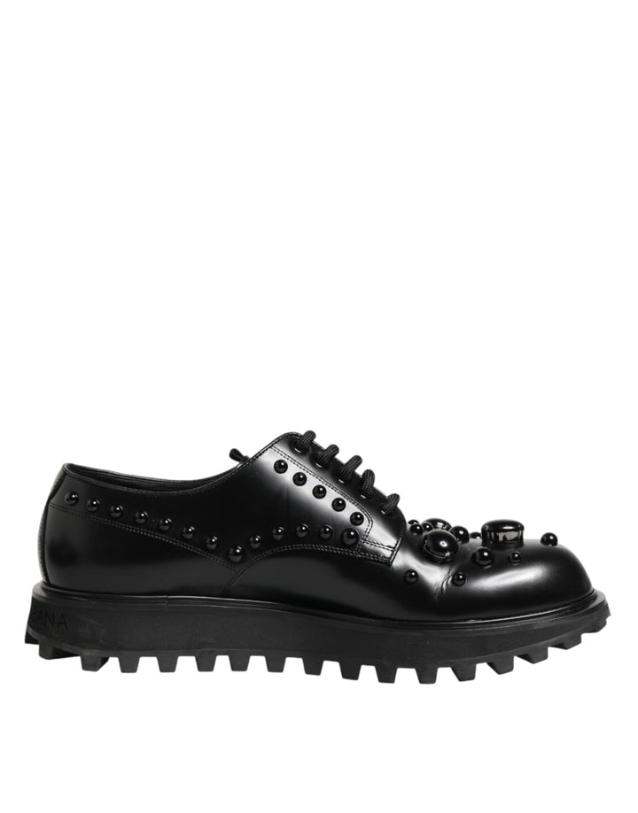 Dolce & Gabbana Black Leather Studded Men Formal Derby  Shoes