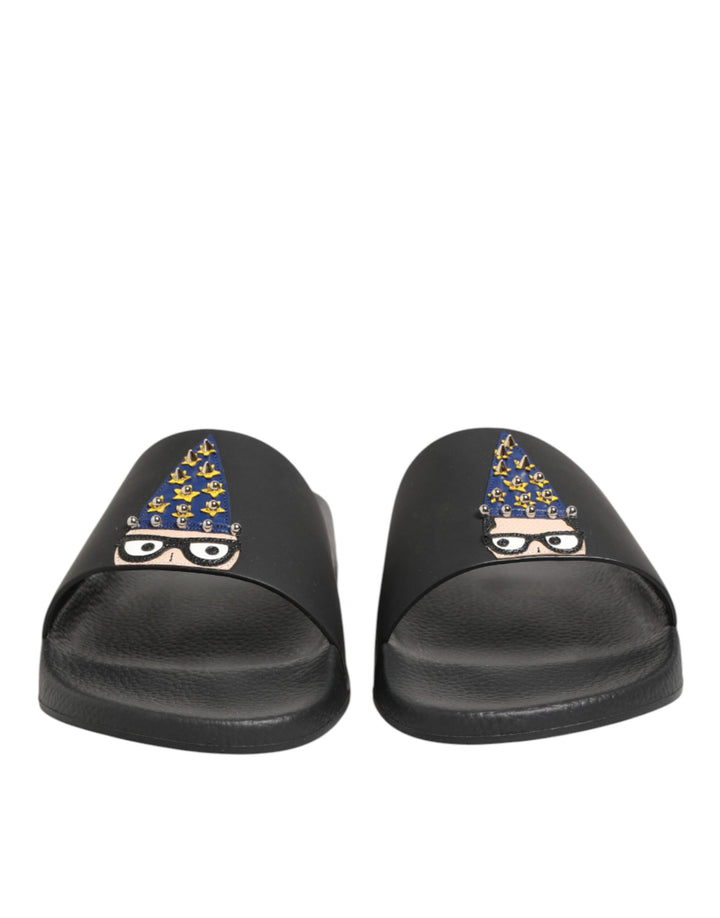 Dolce &amp; Gabbana Black Leather Slides Sandals Beachwear Shoes by Dolce &amp; Gabbana outlet now on sale