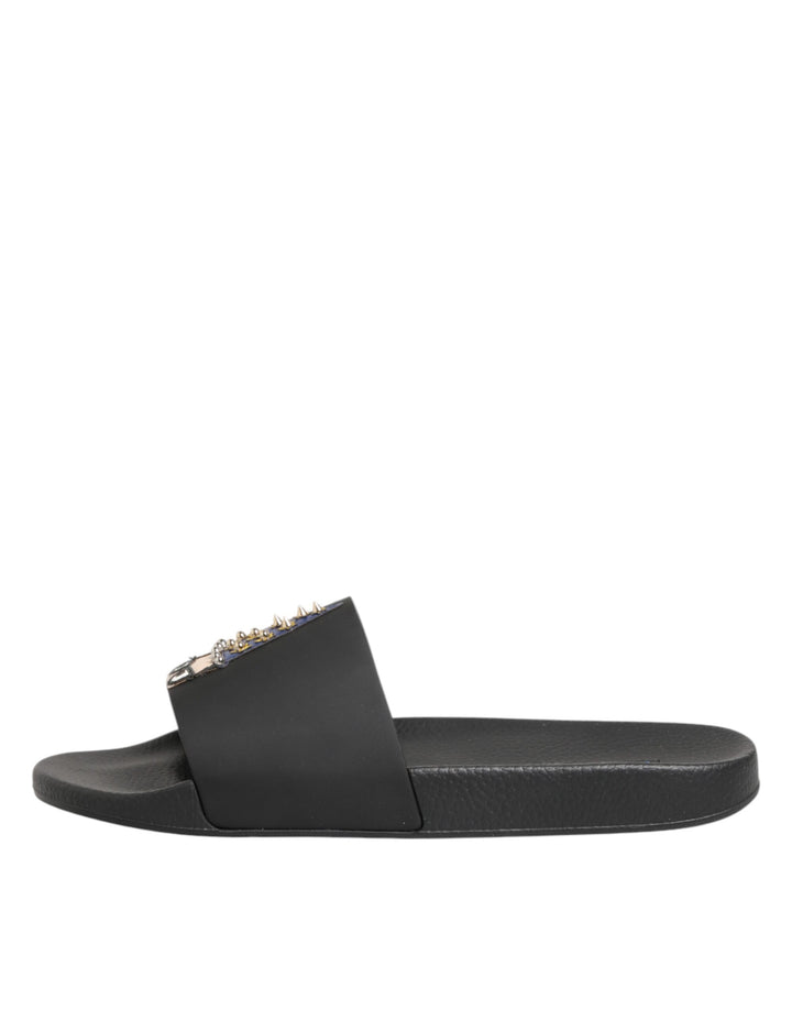 Dolce &amp; Gabbana Black Leather Slides Sandals Beachwear Shoes by Dolce &amp; Gabbana outlet now on sale