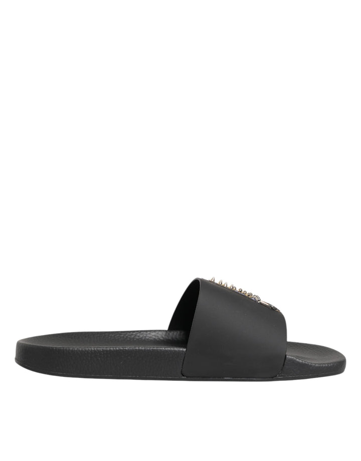 Dolce &amp; Gabbana Black Leather Slides Sandals Beachwear Shoes by Dolce &amp; Gabbana outlet now on sale