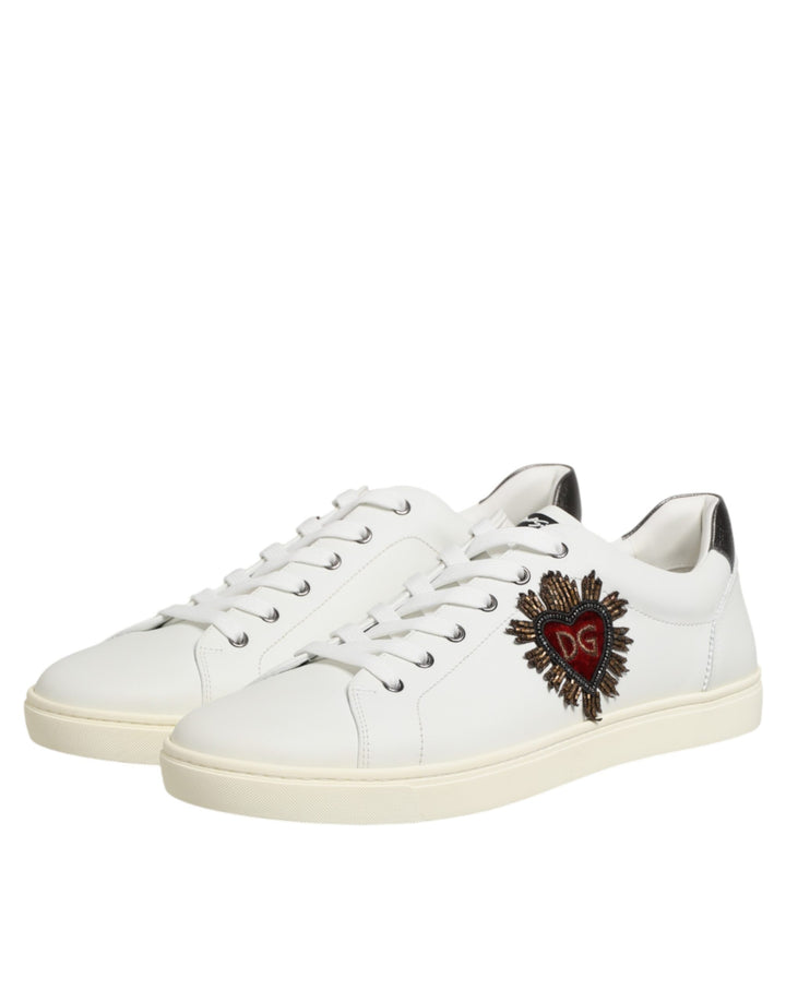 Dolce &amp; Gabbana White Leather Heart Embellished Sneakers Shoes by Dolce &amp; Gabbana outlet now on sale