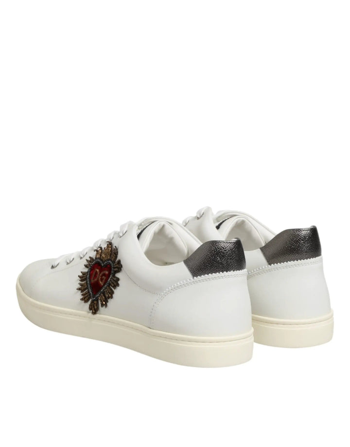 Dolce &amp; Gabbana White Leather Heart Embellished Sneakers Shoes