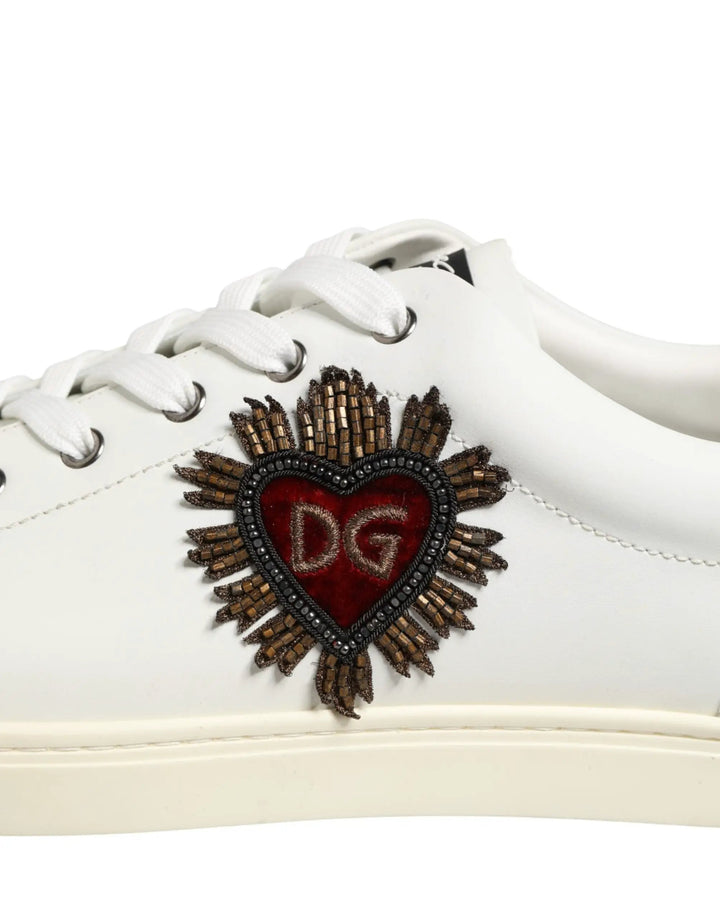 Dolce &amp; Gabbana White Leather Heart Embellished Sneakers Shoes