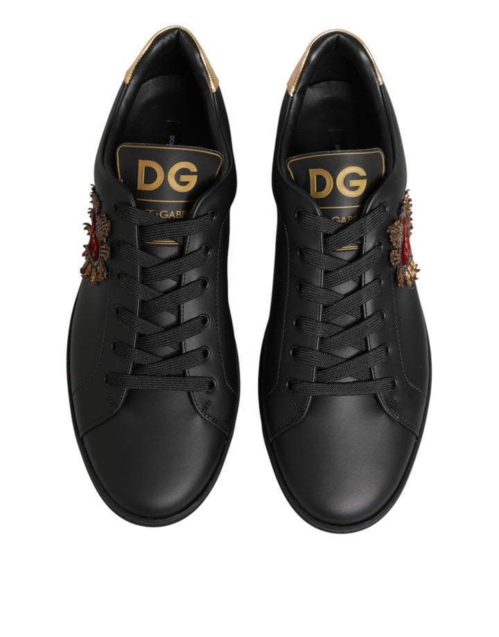 Dolce &amp; Gabbana Black Leather Heart Embellished Sneakers Shoes by Dolce &amp; Gabbana outlet now on sale