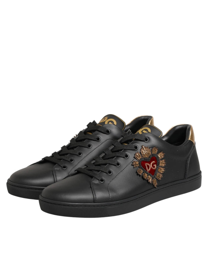 Dolce &amp; Gabbana Black Leather Heart Embellished Sneakers Shoes by Dolce &amp; Gabbana outlet now on sale