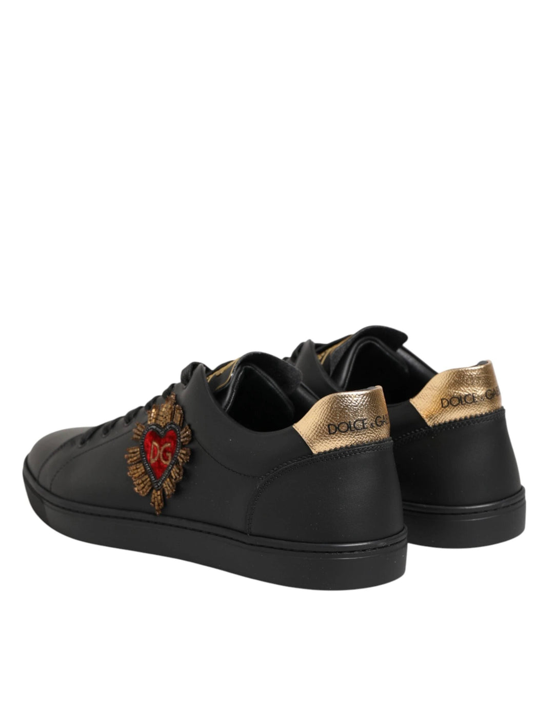 Dolce &amp; Gabbana Black Leather Heart Embellished Sneakers Shoes by Dolce &amp; Gabbana outlet now on sale
