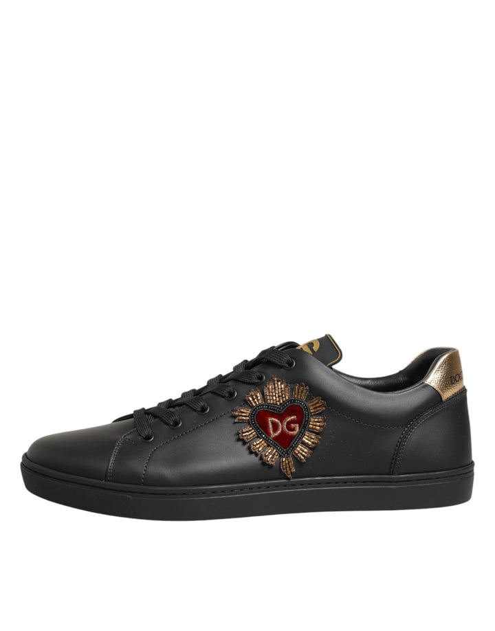 Dolce &amp; Gabbana Black Leather Heart Embellished Sneakers Shoes by Dolce &amp; Gabbana outlet now on sale