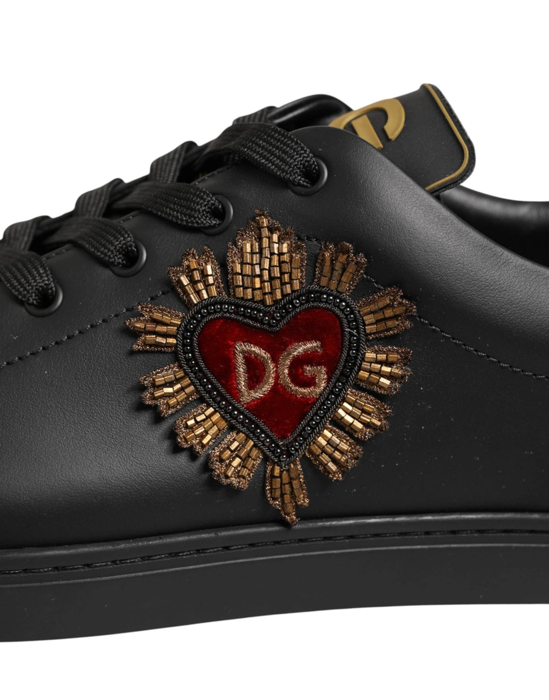 Dolce &amp; Gabbana Black Leather Heart Embellished Sneakers Shoes by Dolce &amp; Gabbana outlet now on sale