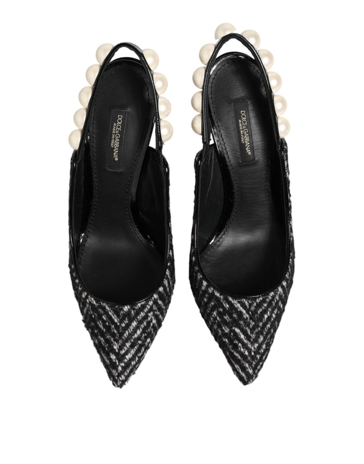 Dolce & Gabbana White Black Chevron Faux Pearl Slingbacks Shoes