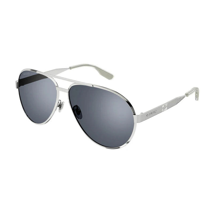 Gucci Sunglasses Aviator Full Rim, Silver Frame And Smoke With Silver Mirror Lens