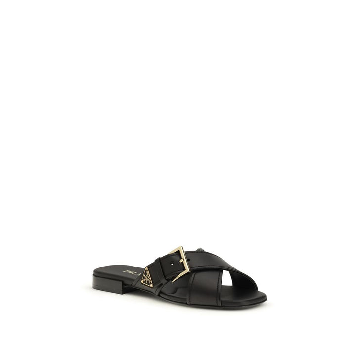 Prada Black Calf Leather Bos Taurus Flat Sandals