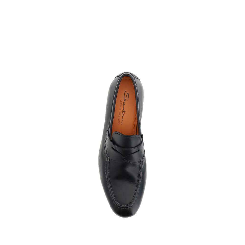 Santoni Black Calf Leather Bos Taurus Slip-On Loafers