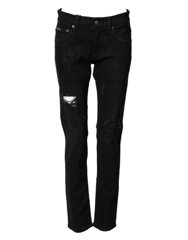 Dolce & Gabbana Black Tattered Cotton Men Skinny Denim Jeans by Dolce & Gabbana outlet now on sale