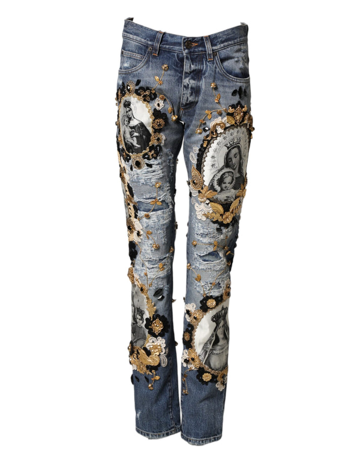 Dolce & Gabbana Blue Ripped Embellished Cotton Denim Jeans by Dolce & Gabbana outlet now on sale
