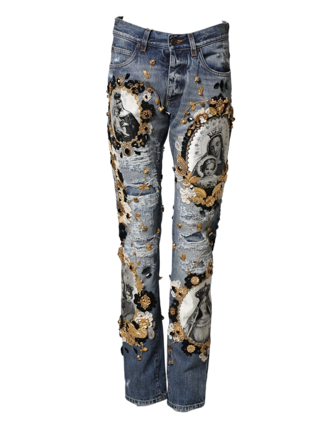 Dolce & Gabbana Blue Ripped Embellished Cotton Denim Jeans by Dolce & Gabbana outlet now on sale