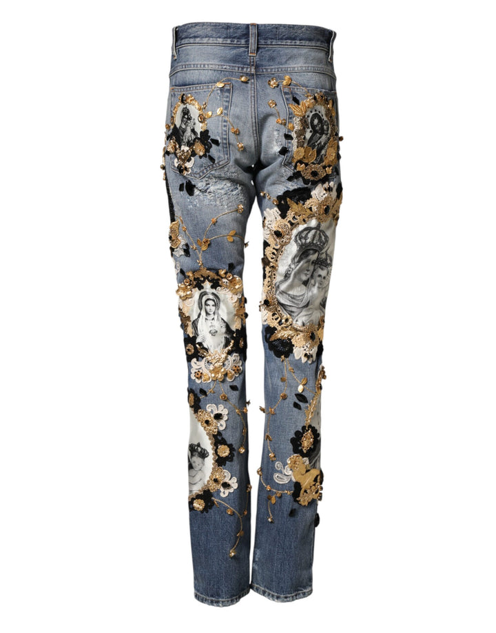 Dolce & Gabbana Blue Ripped Embellished Cotton Denim Jeans by Dolce & Gabbana outlet now on sale