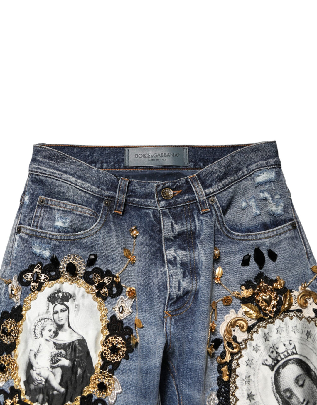 Dolce & Gabbana Blue Ripped Embellished Cotton Denim Jeans by Dolce & Gabbana outlet now on sale