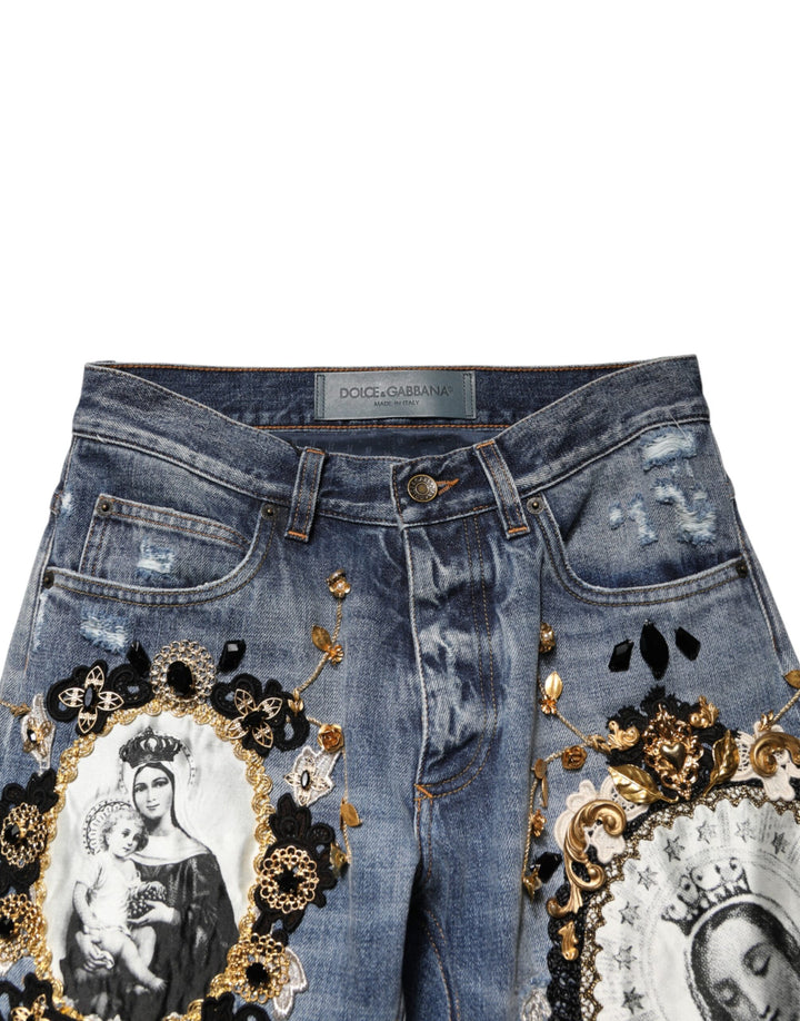 Dolce & Gabbana Blue Ripped Embellished Cotton Denim Jeans by Dolce & Gabbana outlet now on sale