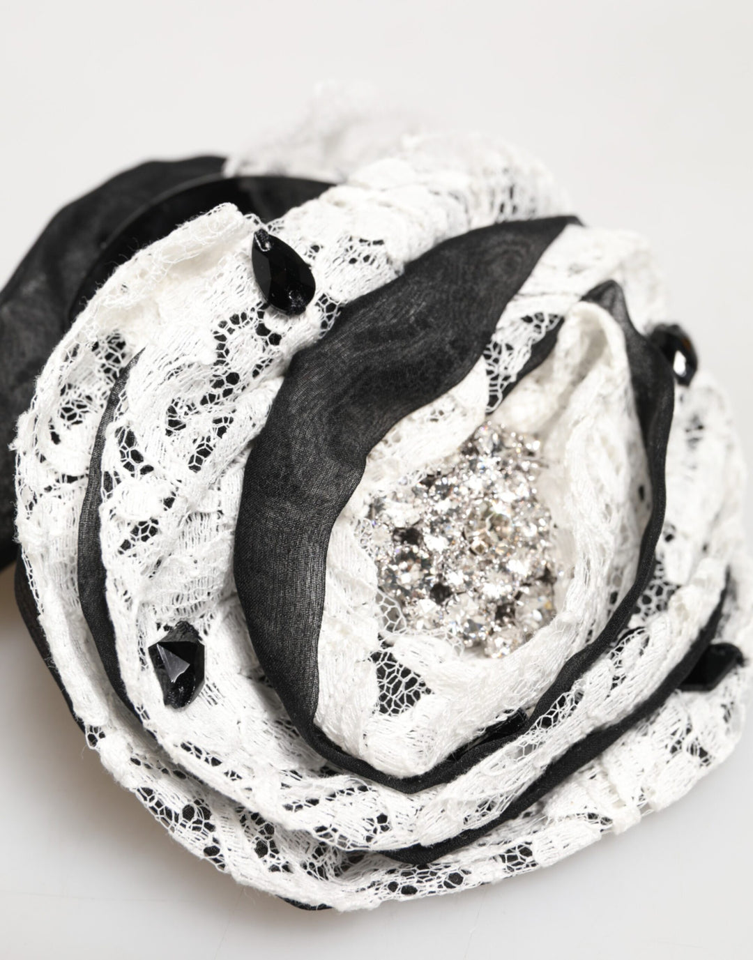 Dolce & Gabbana Black White Silk Floral Lace Crystal Accessory Hair Claw