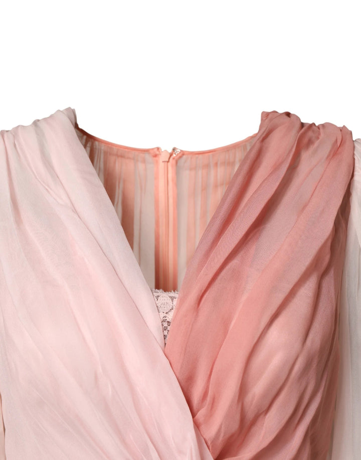 Dolce &amp; Gabbana Pink Silk Tulle Long Sleeve V-neck Dress by Dolce &amp; Gabbana outlet now on sale