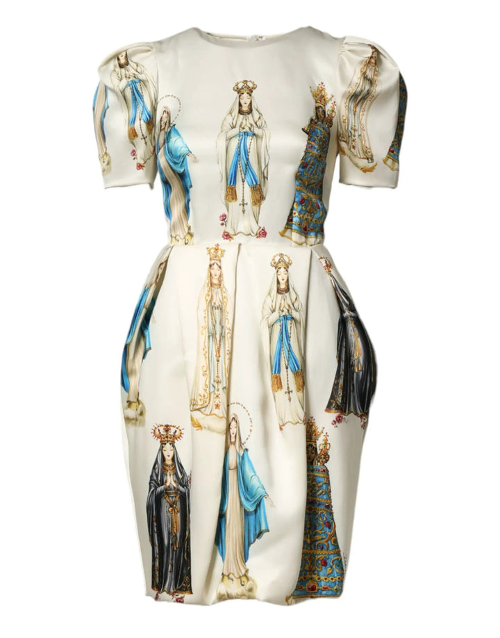 Dolce &amp; Gabbana Beige Madonne Print Silk Short Sleeve Dress