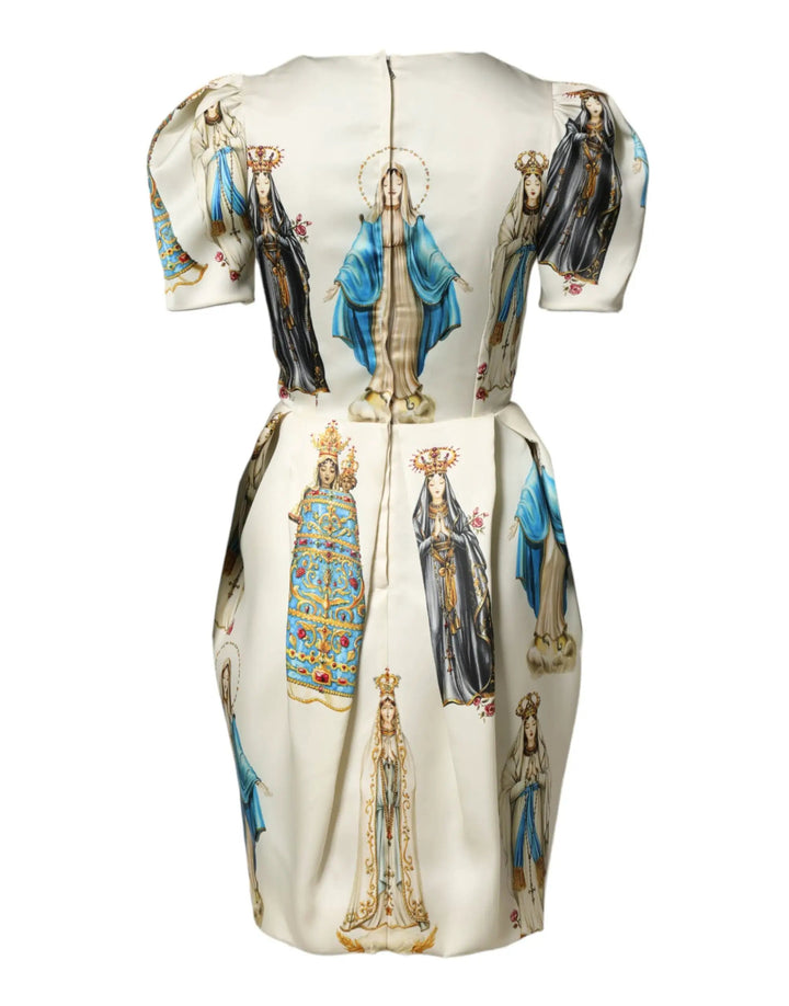 Dolce &amp; Gabbana Beige Madonne Print Silk Short Sleeve Dress