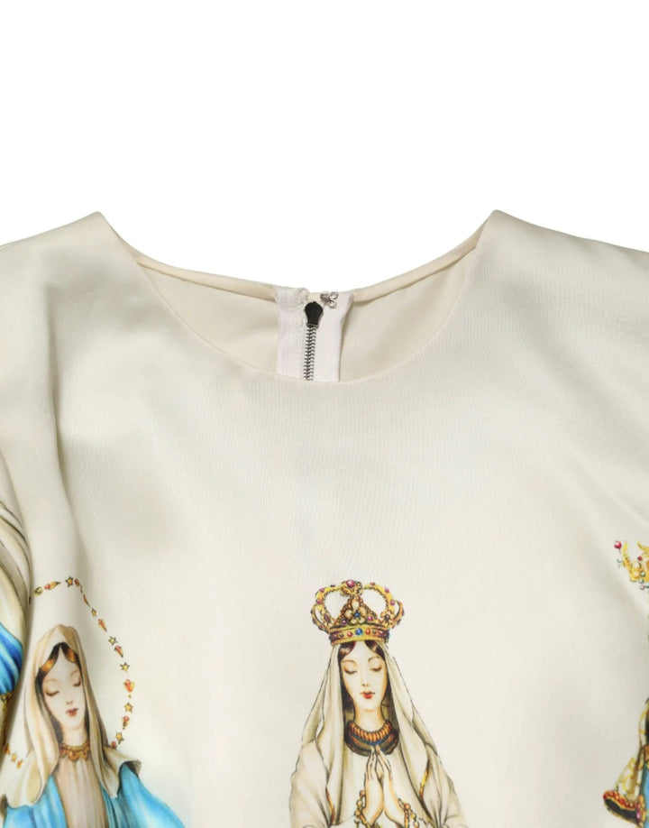 Dolce &amp; Gabbana Beige Madonne Print Silk Short Sleeve Dress