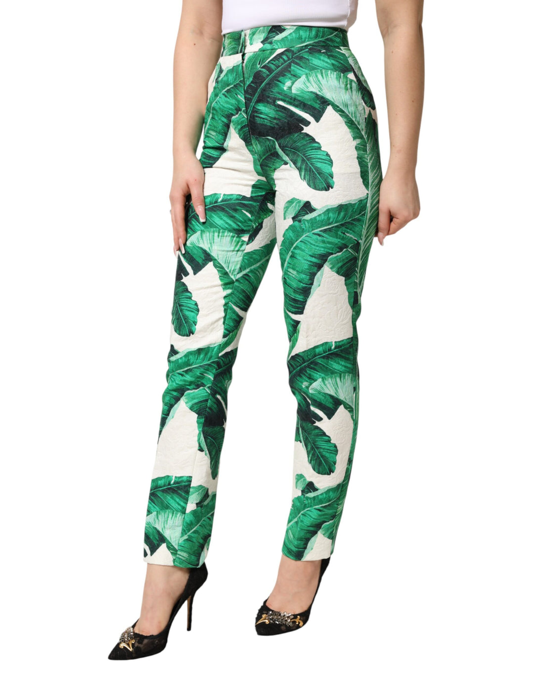 Dolce &amp; Gabbana Sample Sale Dolce &amp; Gabbana White Green Leaf High Waist Trousers Pants - | Designer outlet