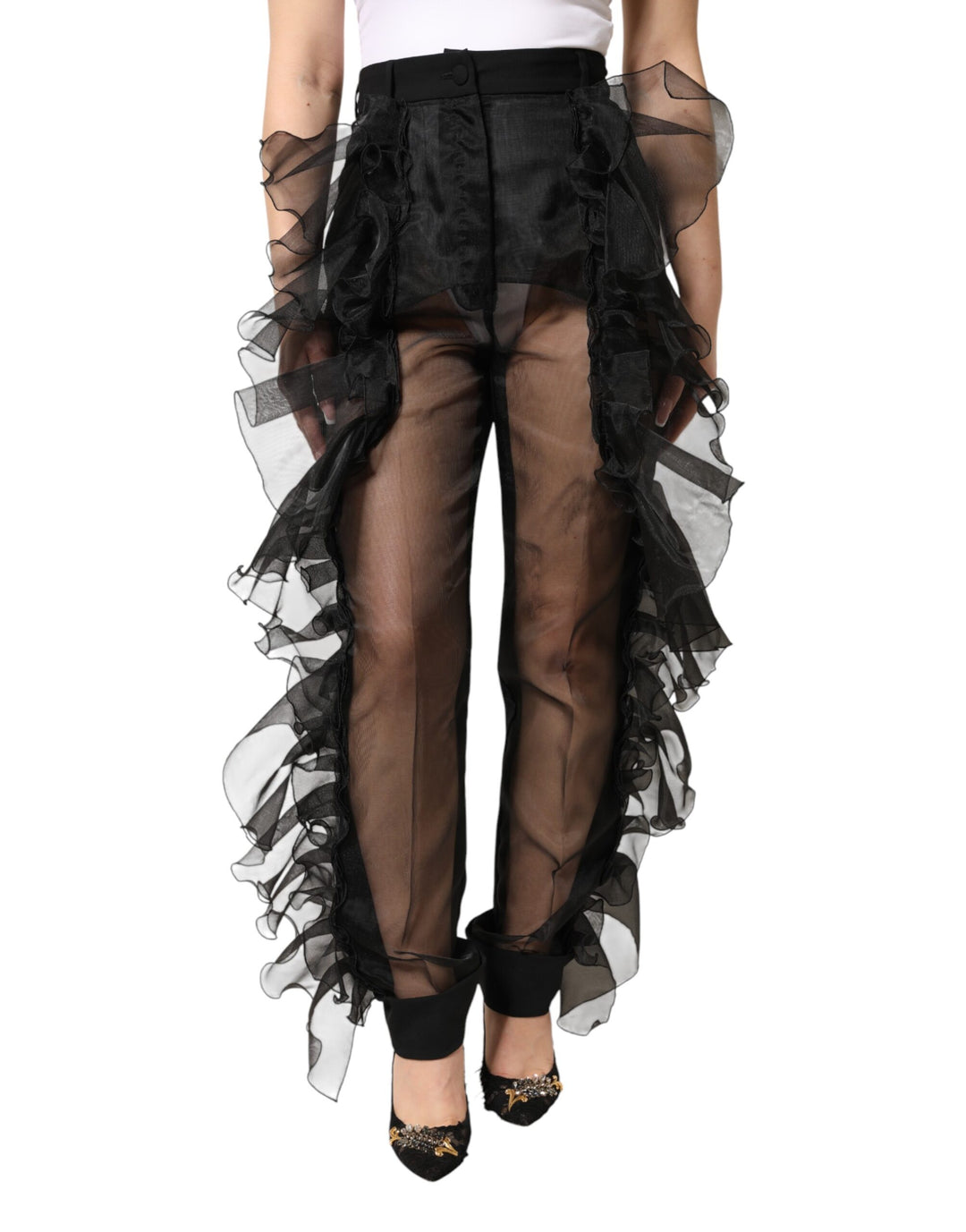 Dolce &amp; Gabbana Black High Waist Tulle Wool Trouser Pants by Dolce &amp; Gabbana outlet now on sale