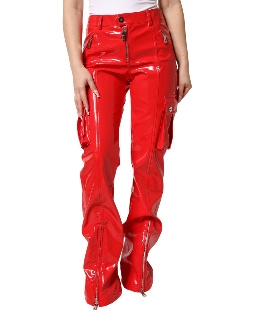 Dolce &amp; Gabbana Sample Sale Dolce &amp; Gabbana Red Glossy Polyester Cargo Boot Cut Pants - | Designer outlet