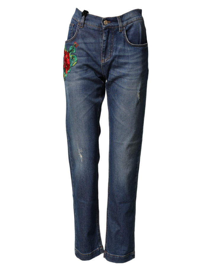 Dolce & Gabbana Blue Floral Embroidered BOYFRIEND Denim Jeans by Dolce & Gabbana outlet now on sale
